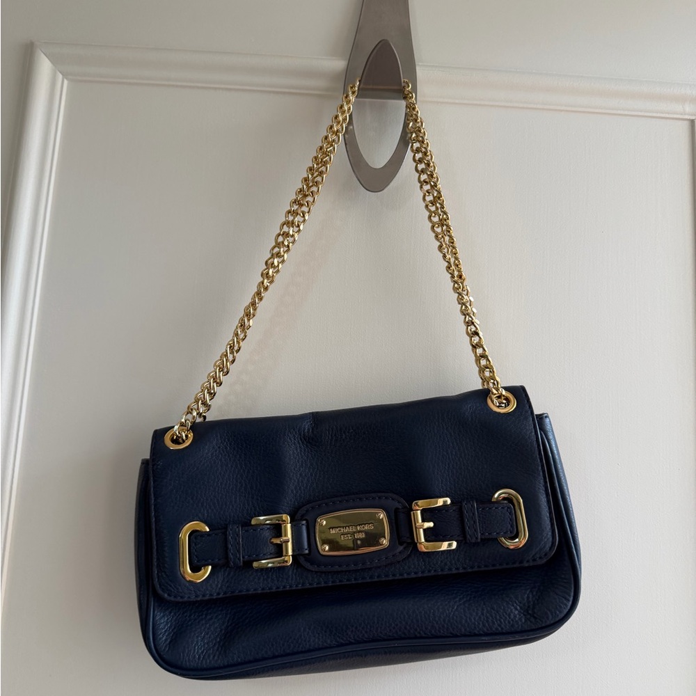 Michael Kors Navy Leather Shoulder Bag with Gold Chain